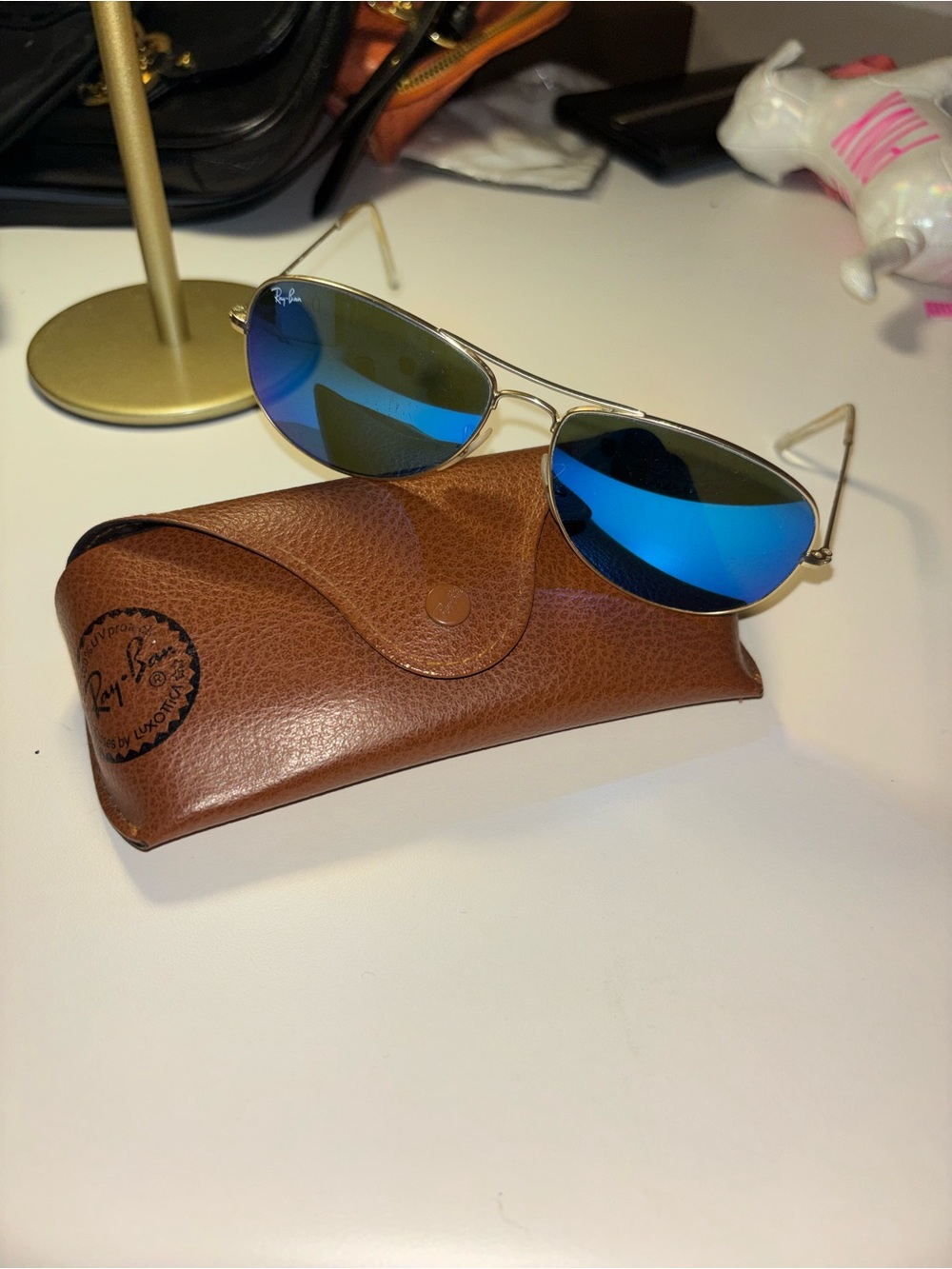 Ray-Ban Gold Frame Sunglasses with Blue Lenses